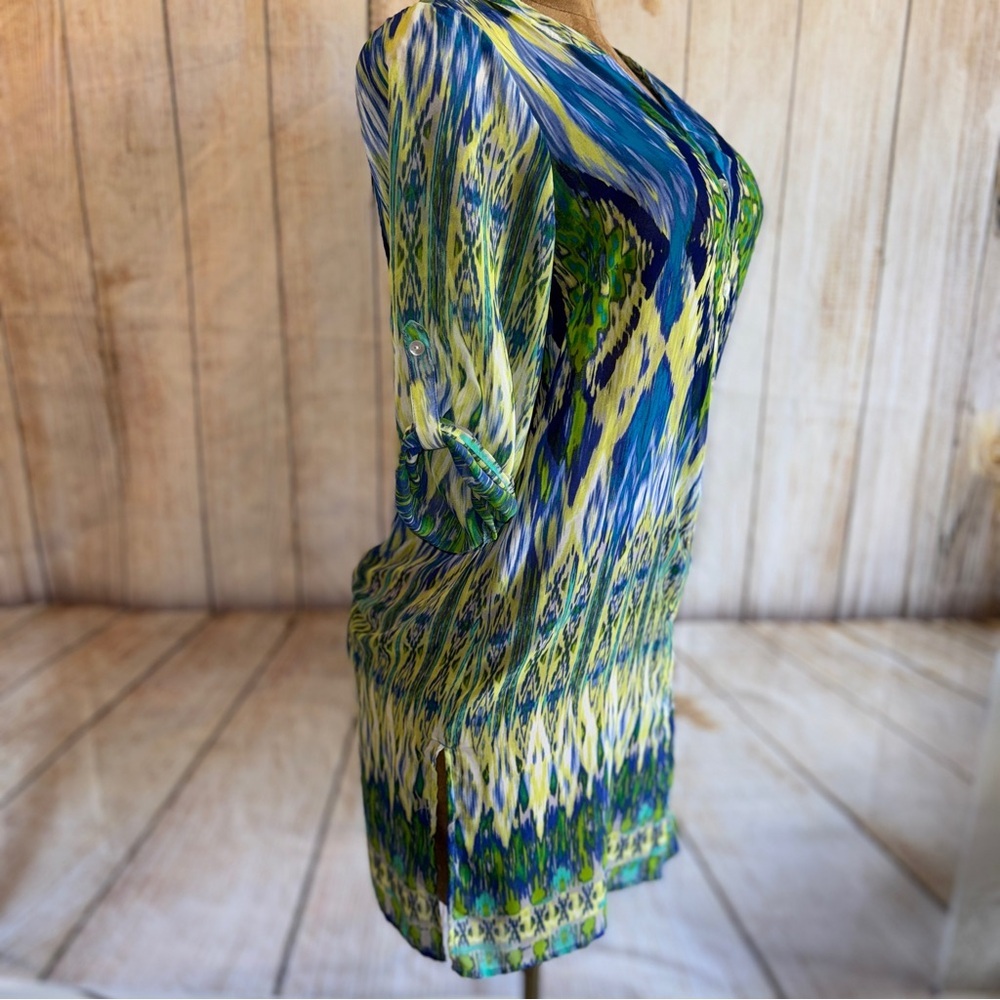 CHICO'S Sheer Tunic Top, Blue & Green Patterned, Button Up Or Cardigan Sz 1 Or M - Picture 5 of 11